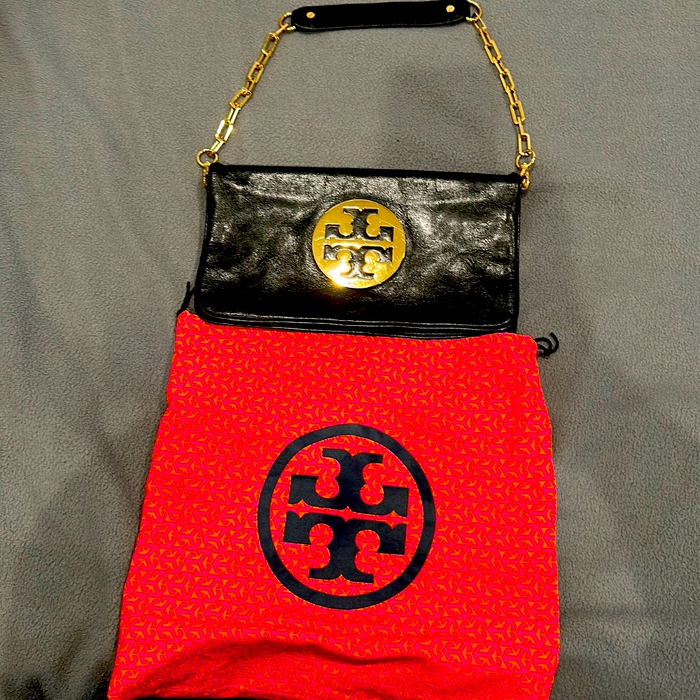 Tory Burch black leather gold emblem clutch